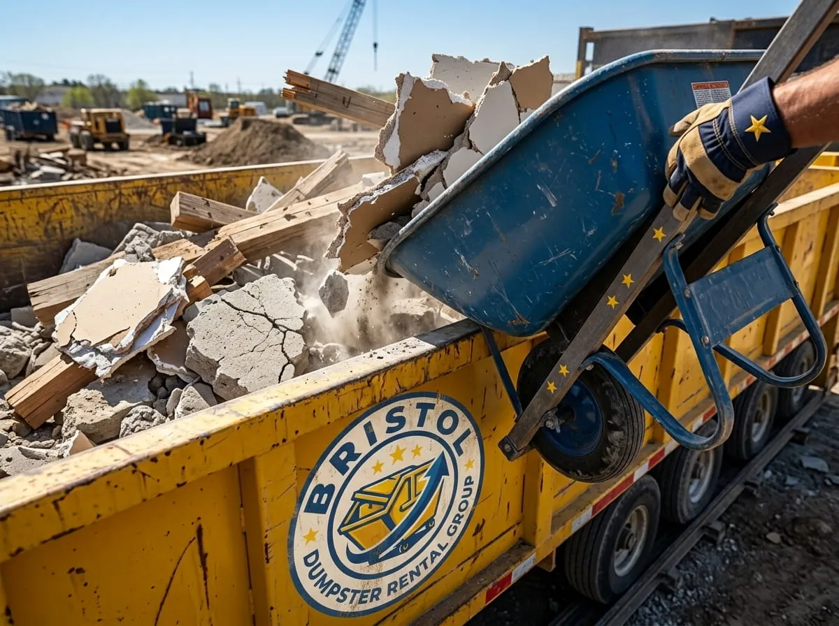 Masonry and concrete rubble being tipped into a roll-off container in Bristol, Connecticut