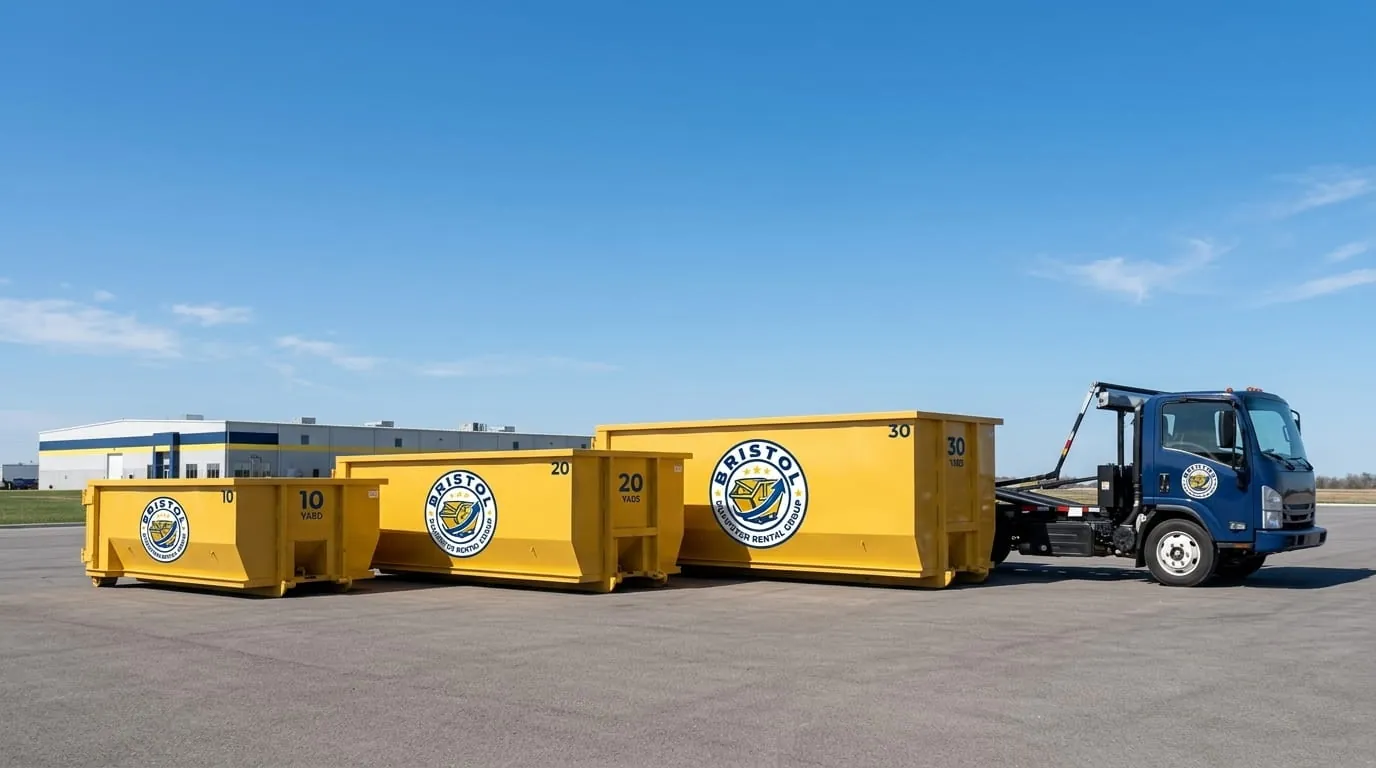Roll-off containers and truck at the Bristol Dumpster Rental Group yard