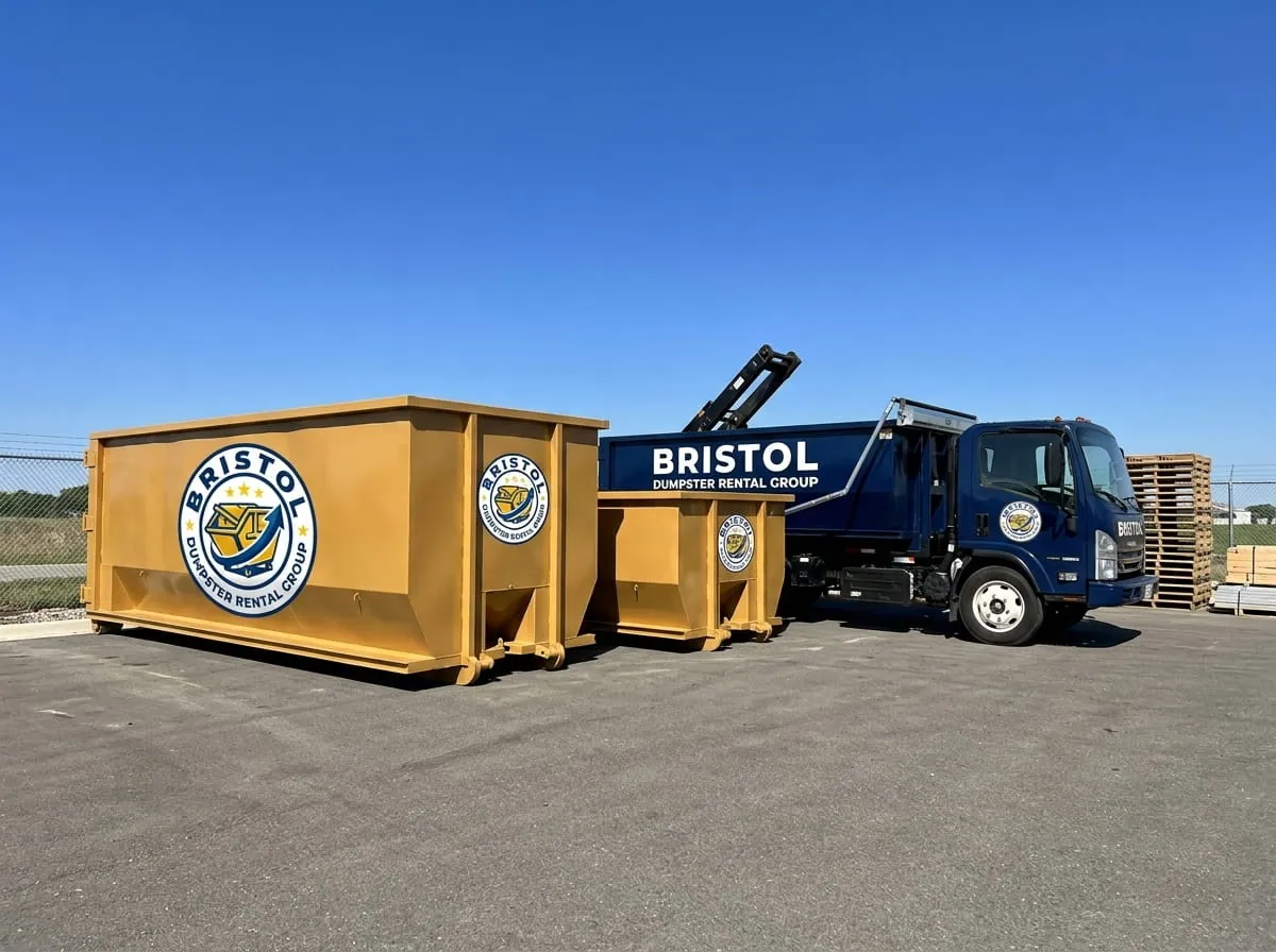 Bristol Dumpster Rental Group roll-off truck fleet parked at the Bristol yard