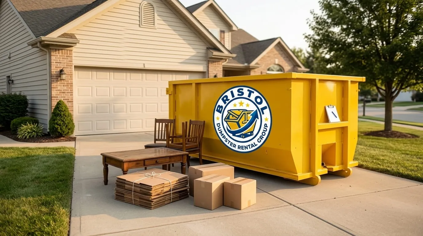 Roll-off container with furniture alongside during a cleanout in Bristol, Connecticut