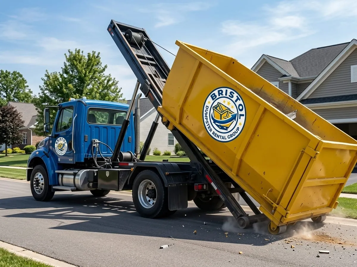 Roll-off truck tipping a container into place in Bristol, Connecticut