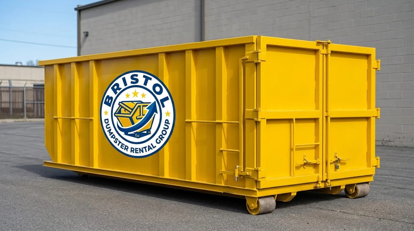 Roll-off container positioned alongside a building in Bristol, Connecticut